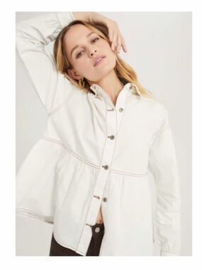 Something Navy Cream Button-Down Peplum Top with Contrast Stitching